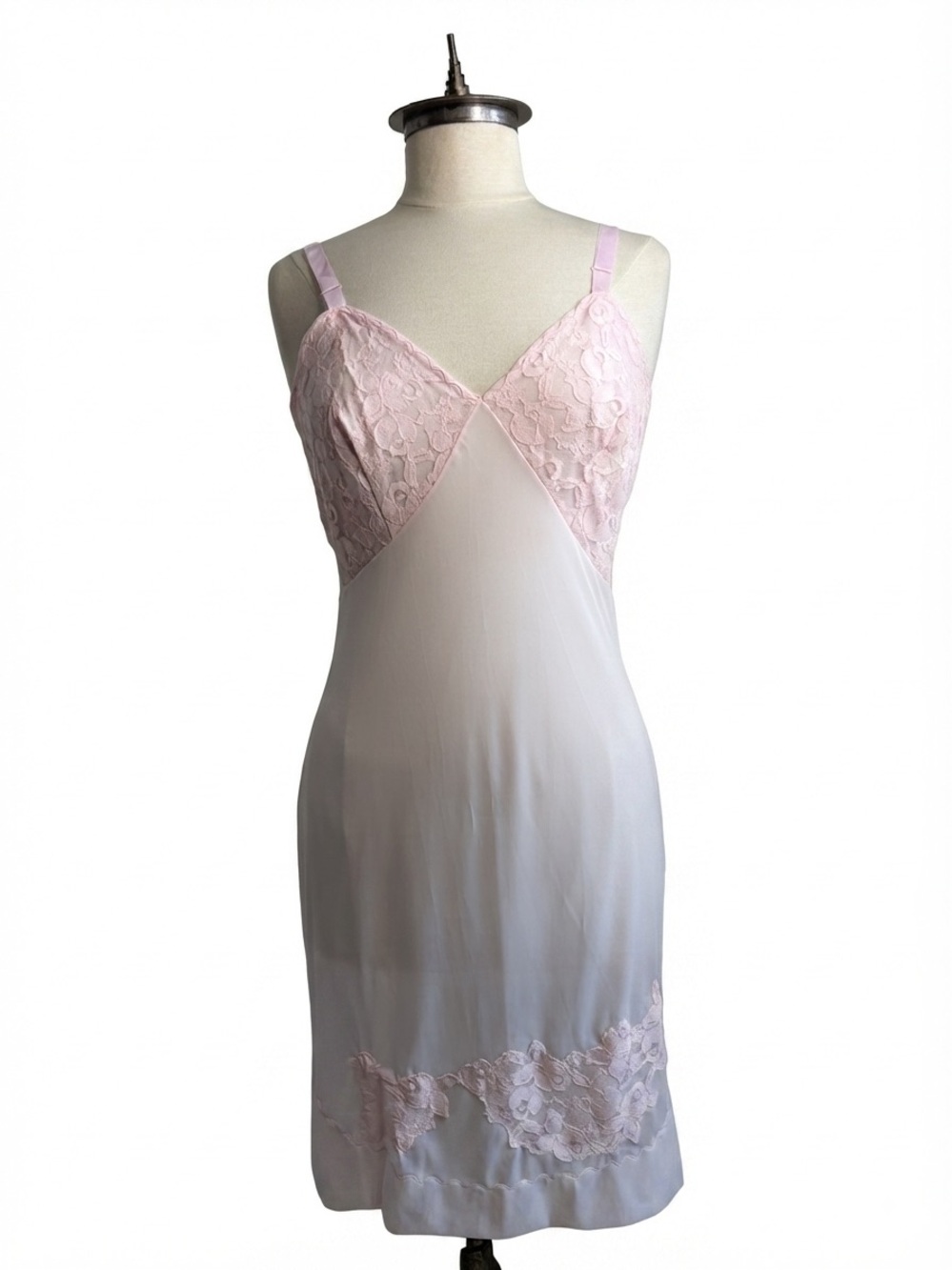 Vintage NANI FLOWER Pink Nylon Lace Slip Dress Midi Lingerie Nightgown